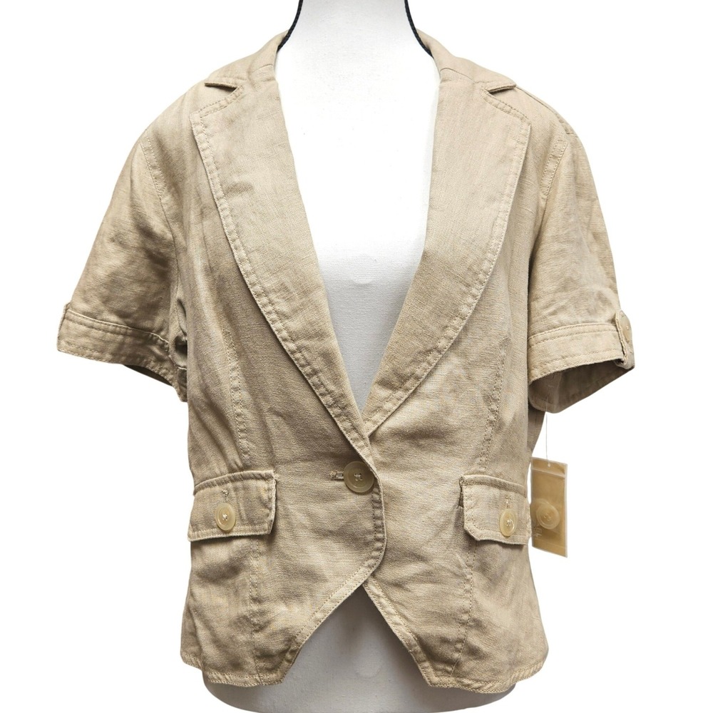 MICHAEL Michael Kors Linen Blazer Jacket Womens 12 Khaki NWT Short Sleeve